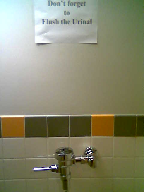 their Use of Capitals is Odd and Suspicious sign above urinal: Don't forget to Flush the Urinal