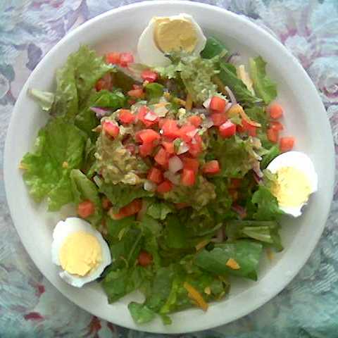 a fresh salad with green leaf lettuce, carrots, guacamole, pico de gallo, and hard boiled eggs